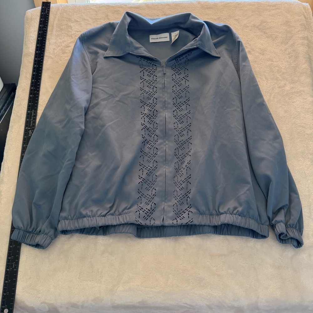 Alfred Dunner Blue Laser Cut Zip Up Jacket Women Size 14 Elastic Hem Casual